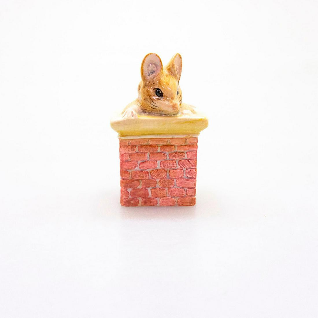 Royal Albert Beatrix Potter Figurine, Tom Thumb: Modeled as a brown mouse peeking out of a chimney. Factory markings to bottom base. Artist: Warren Platt Dimensions: 3.25"H Manufacturer: Royal Albert Country of Origin: England