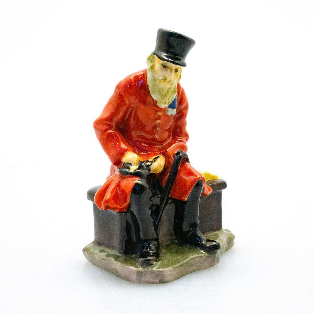 Royal Doulton Chelsea Pensioner Mini Figurine: Glossy porcelain figure; C.P in a red/orange jacket, black hat and black pants. He is sitting on a brown bench on grass. Royal Doulton backstamp. Artist: Leslie Harrington Issued: 1924-1938 Dimensions