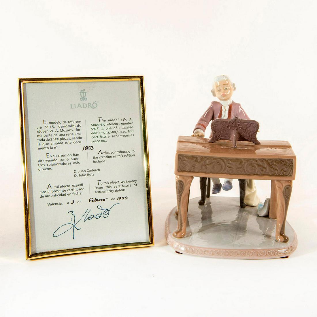 Young Mozart 1992/1992 01005915 LTD - Lladro Porcelain: Exquisite porcelain figurine of a young Mozart playing at his piano. Glossy finish with original box. Includes Certificate of Authenticity. Number 1823 of 2,500. LLadro backstamp. Dimensions: 6.5"H x 