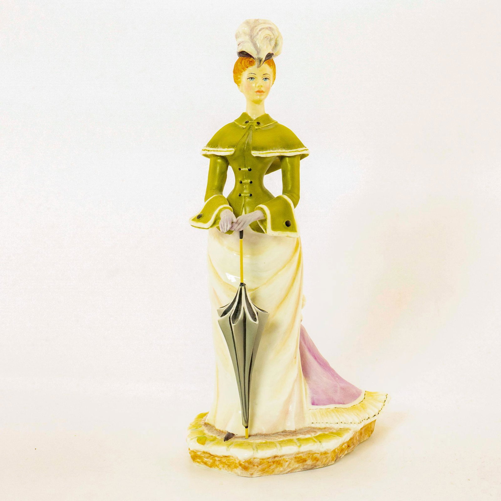 Melanie - Royal Worcester Figurine: Victorian series. Fine Bone China; white and green coloration. Woman holding a parasol. Royal Worcester backstamp. Issued: 20th c. Dimensions: 8.25"H Manufacturer: Royal Worcester Country of Origin: E