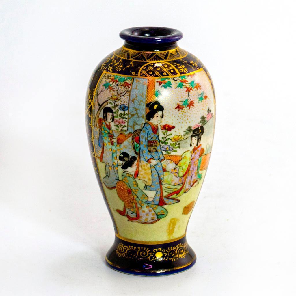 Miniature Cobalt Blue Ceramic Vase, Japanese Ladies (1 of 4)