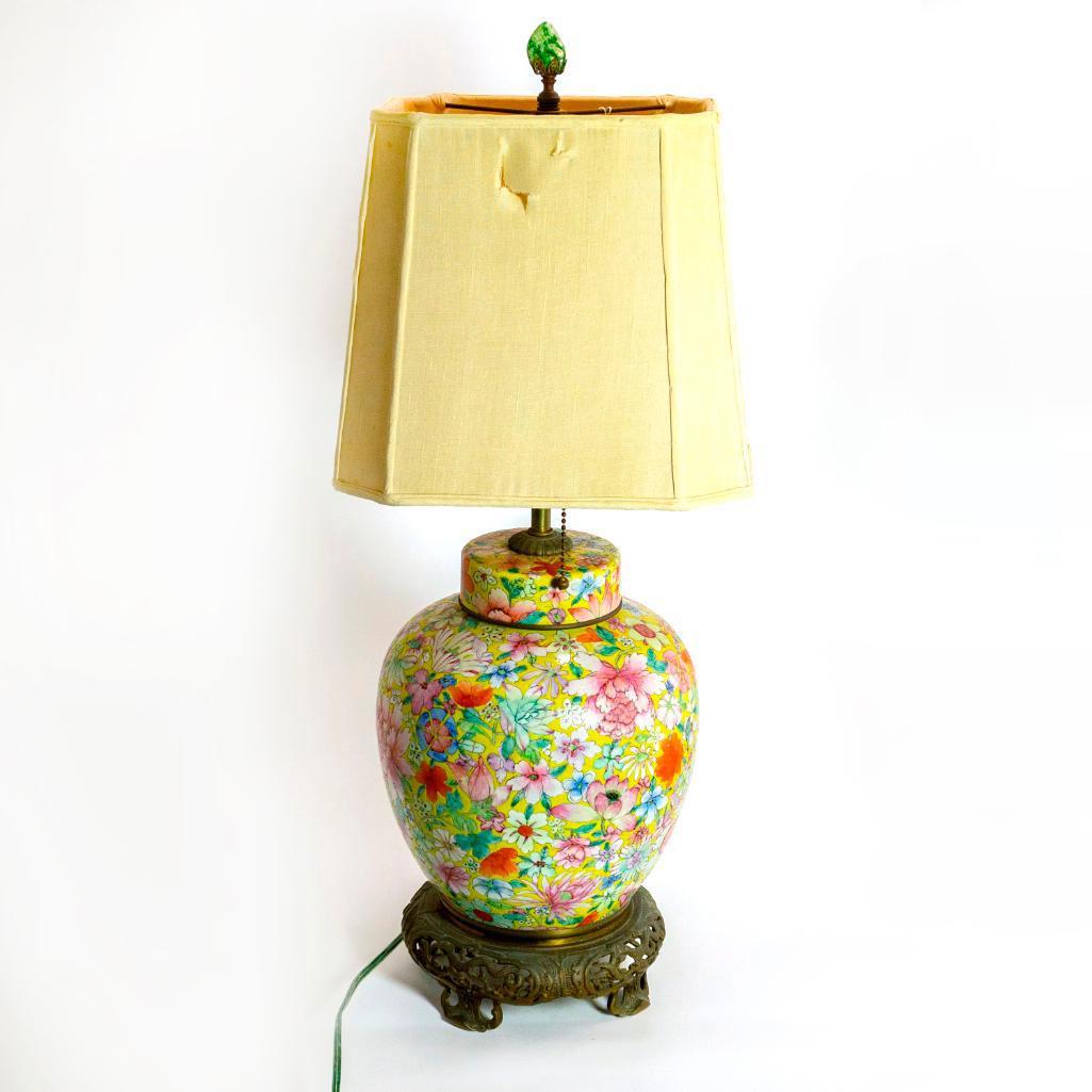 Vintage Oriental Double Fixture Floral Lamp (1 of 6)