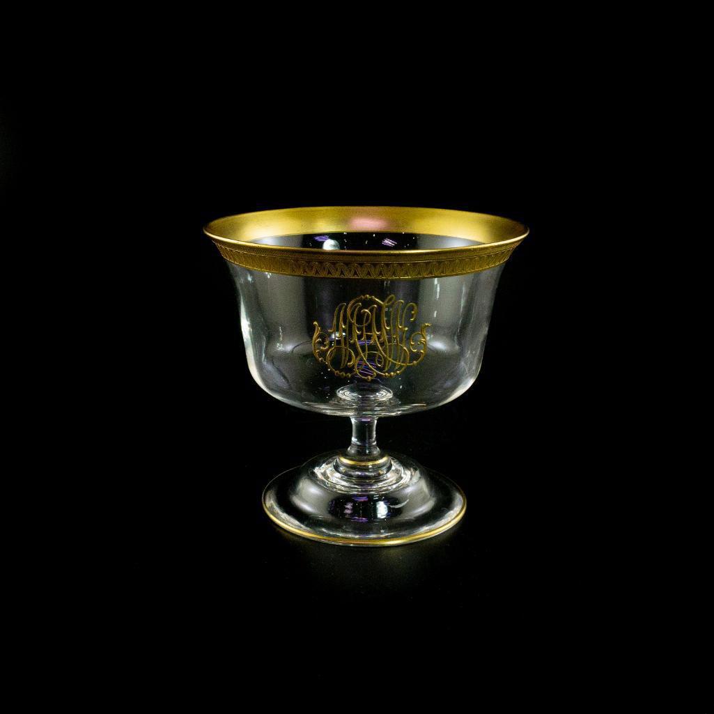 6 Vintage Glass Pedestal Bowls, Gold Rim With Monogram (1 of 4)