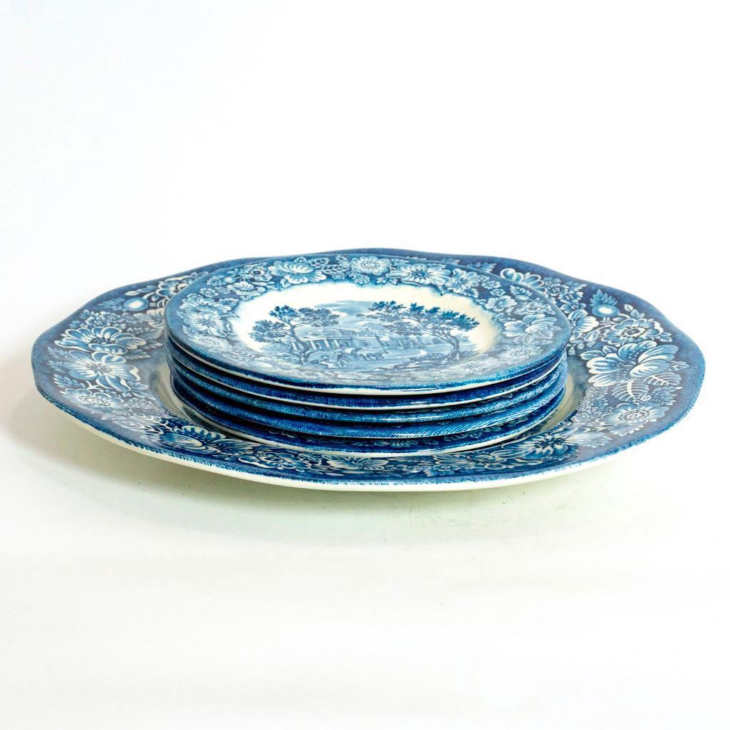 6 Staffordshire Ironstone Liberty Blue Saucers & Plate (1 of 5)