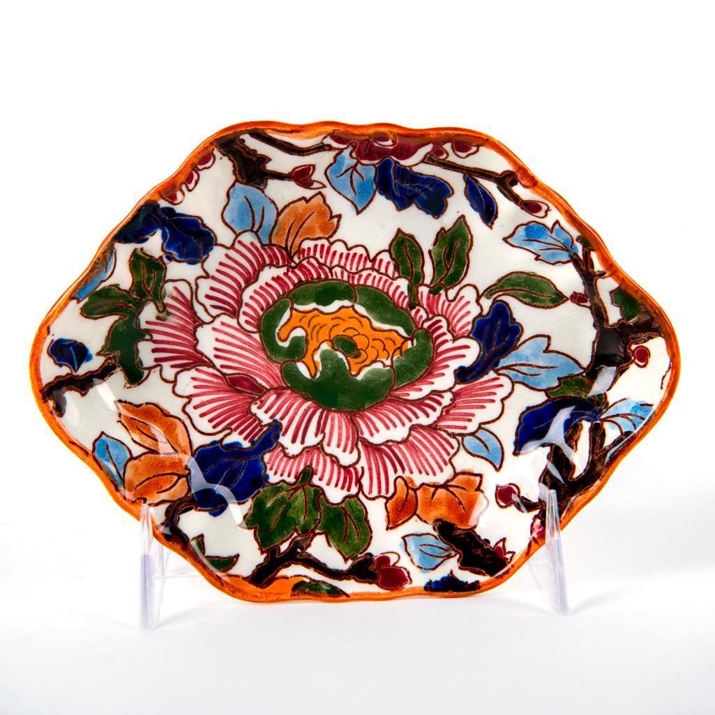 Gien France Faience Trinket Dish, Pivoines: Beautiful hand painted ribbed earthenware designed with early edition Gien Pivoines pattern. Decorated with a single peony surrounded by branches of colorful leaves. Scalloped edges. Gien France backs