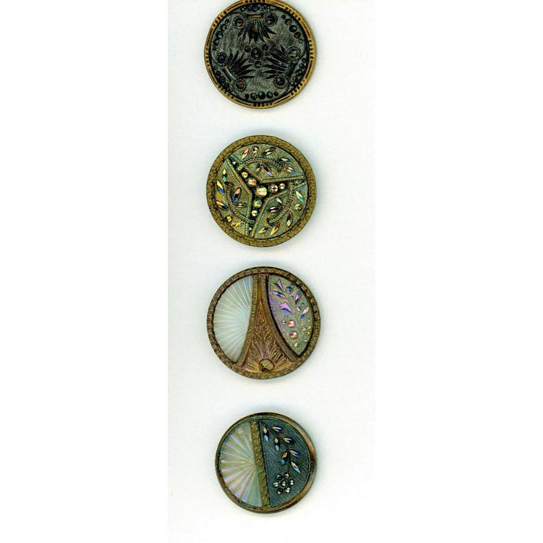 SMALL CARD OF GLASS AND BLACK GLASS BUTTONS SET IN: 4 Medium/Large 19th century buttons with glass set in metal. Included are two examples with lacy black glass set in metal and two examples with black glass and opalescent glass in metal on the same bu
