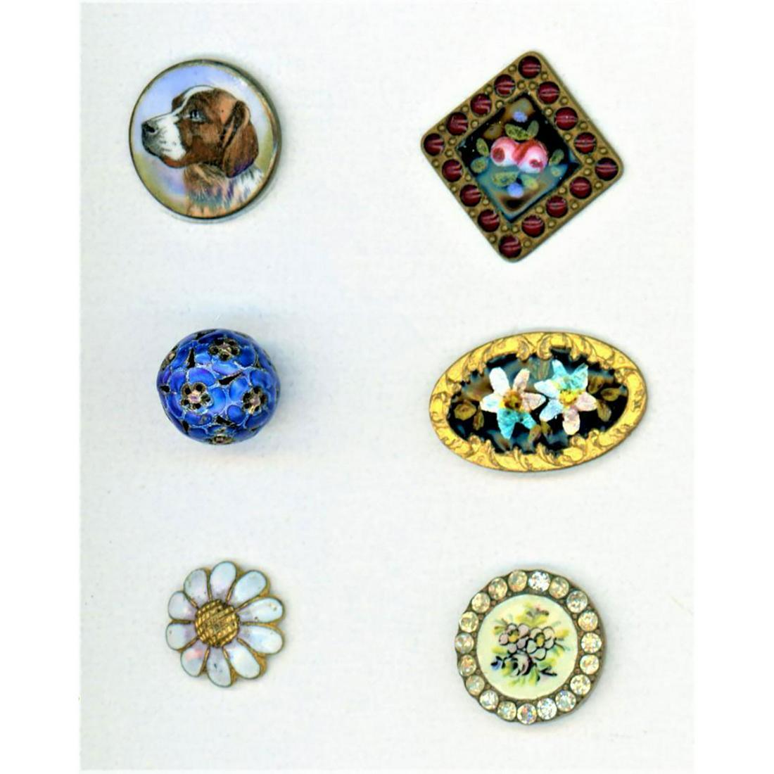SMALL CARD OF ASSORTED DIVISION 1 ENAMEL BUTTONS: 6 Small assorted technique enamel buttons from the 19th century. The lot includes a beautiful emaux peints (hand painted) colorful dog, a lovely enamel with paste border, a red enamel encrusted border