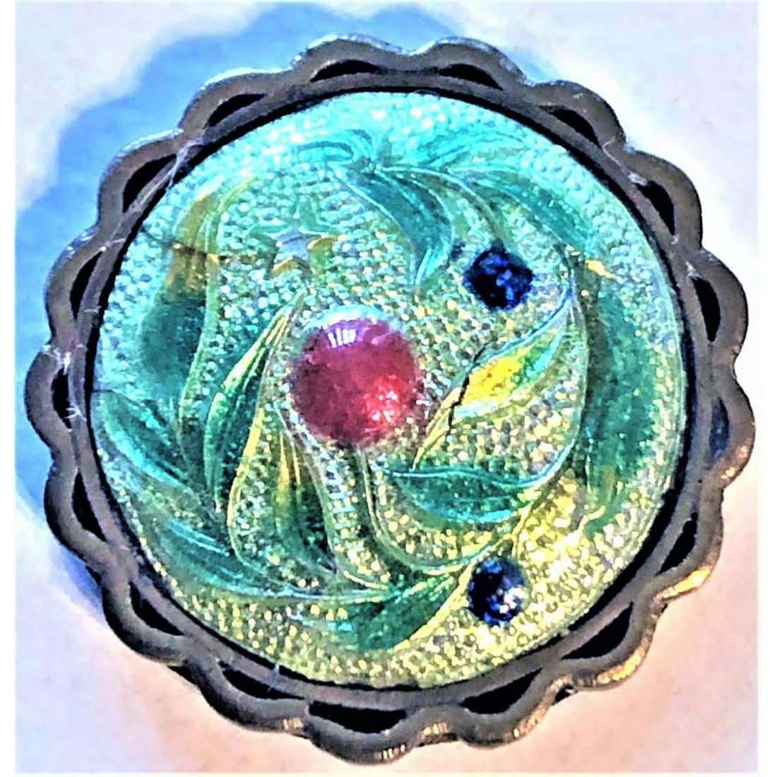 A FOIL BACKED JAPANESE GIN BARI/JIPPO ENAMEL BUTTON: 1 medium size colorful Gin Bari/Gin Jippo enamel button. The enamel in this case is created and then set into the scalloped metal mounting. Dimensions: SM=Less than 3/4", Medium=3/4" to 1 1/4". Large=