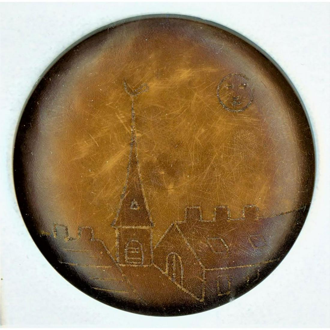 ONE DIVISION ONE ENGRAVED ARCHITECTURAL SCENE BUTTON: 1 Large very thick 19th century engraved wood button. This really cool button has always been a favorite of mine depicting a church steeple And other buildings under a full moon. Dimensions: SM=Less t