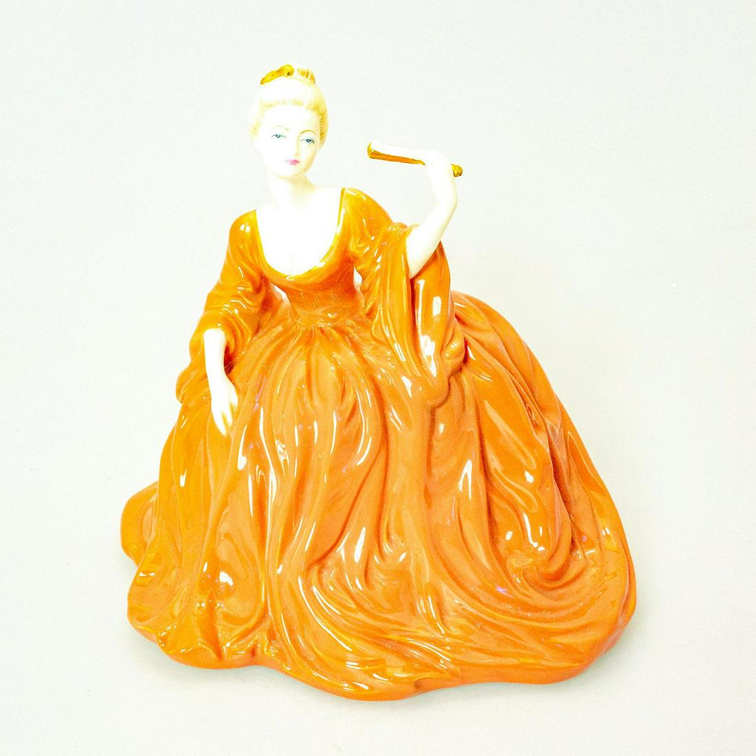 Coalport Porcelain Figurine, Ladies of Fashion: Glossy porcelain figurine modeled by hand. Peach colored dress with gold gilt for accents. Issued: 20th c. Dimensions: 6.5"H Manufacturer: Coalport Country of Origin: England