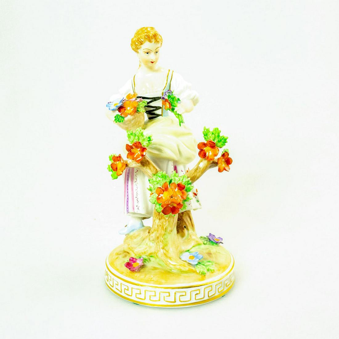 Vintage Dresden Carl Thieme Figurine, Flower Picking: Porcelain; woman picking flowers for her basket. Delicately painted with exquisite, fine detail. Intricate polychrome floral design; stunning figure with vibrant coloration; gilt highlights. Dresden b