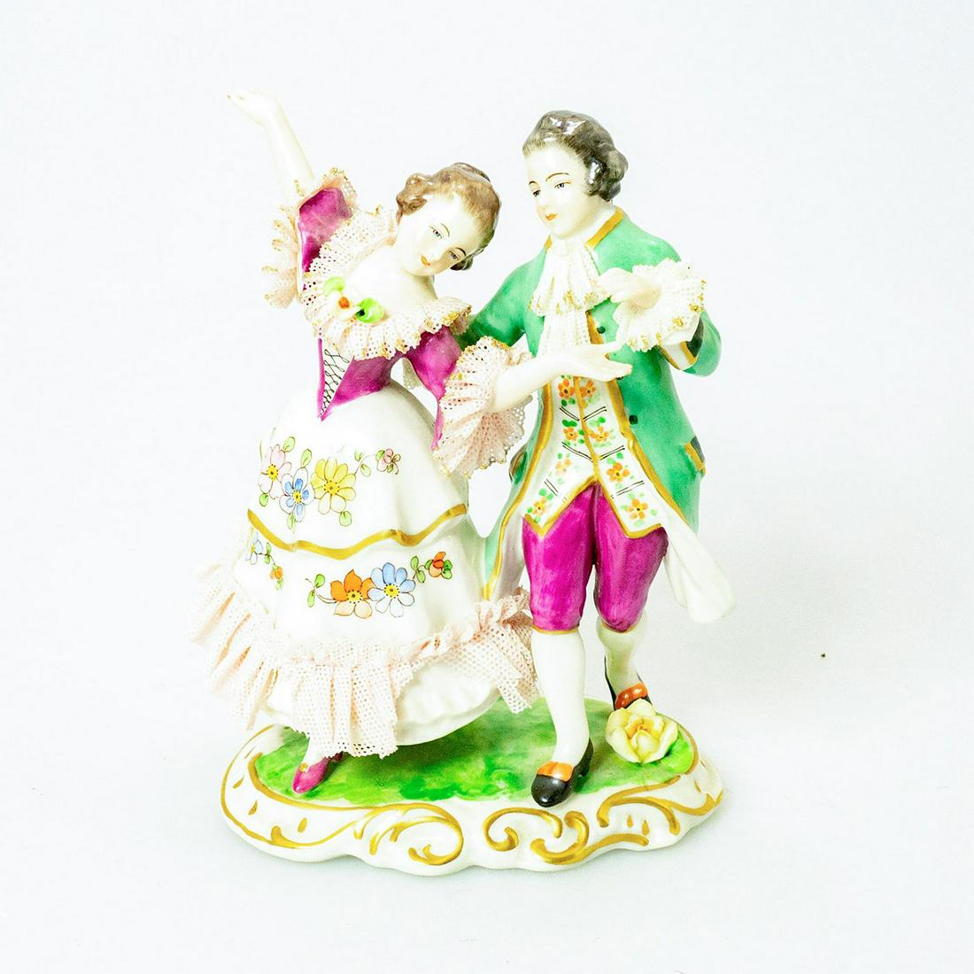 Frankenthal Dresden Art Figurine Grouping, Couple: Hand painted; porcelain lace detail. Finely painted floral detail; gilt accents. Frankenthal backstamp. Broken lace detail on dress. Issued: 20th c. Dimensions: 6.5"H Manufacturer: Frankenthal Country