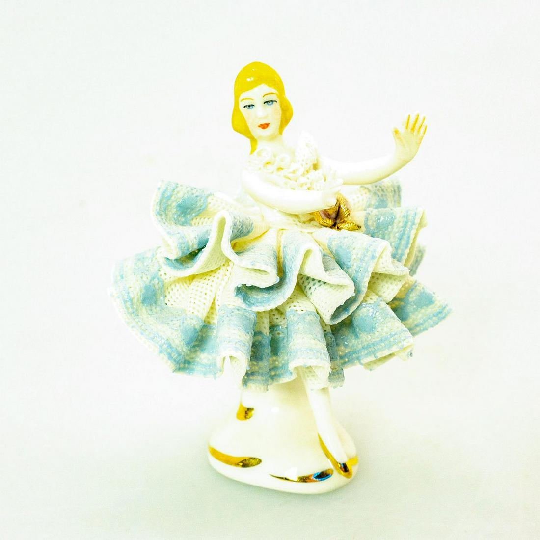 Vintage German Porcelain Figurine, Ballerina: Blue and white coloration; extensive porcelain lace detail; gilt highlights. Germany backstamp. Issued: 20th c. Dimensions: 3.75"H Country of Origin: Germany