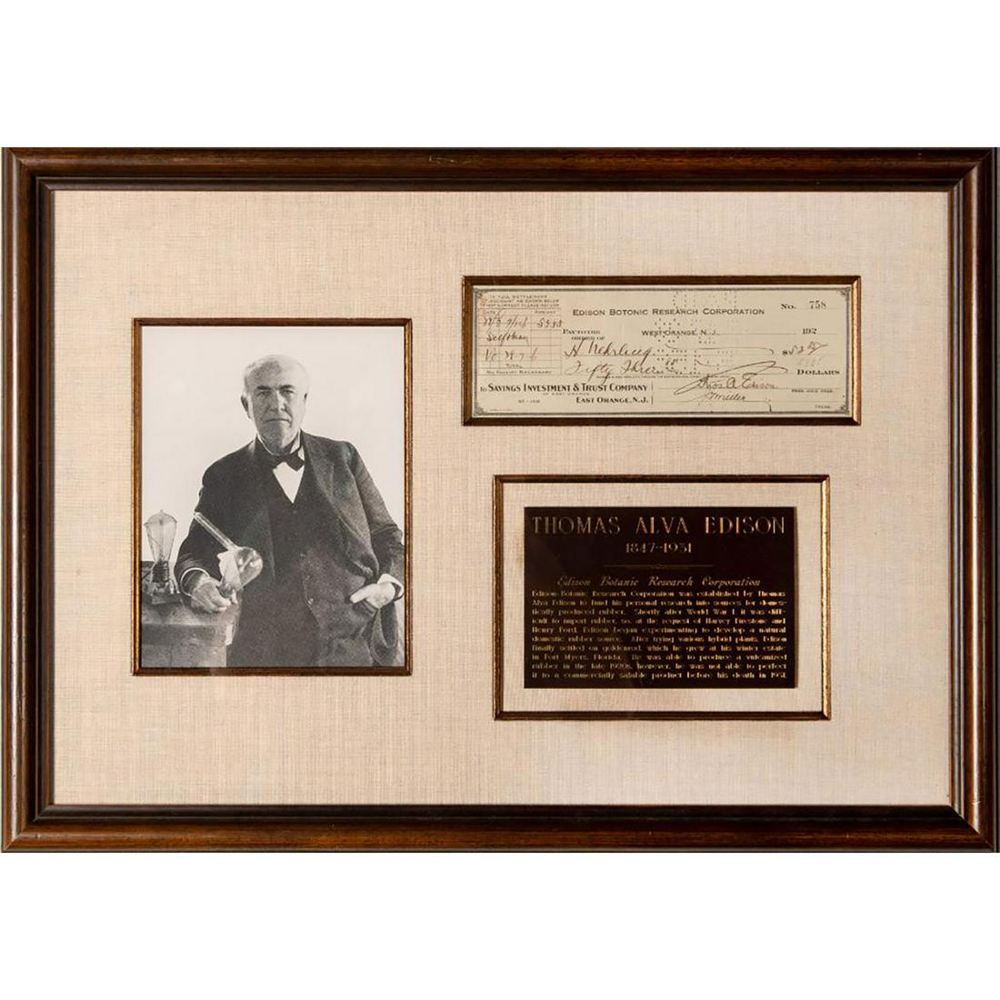 Thomas Alva Edison Signed Check and Plaque Framed (1 of 5)