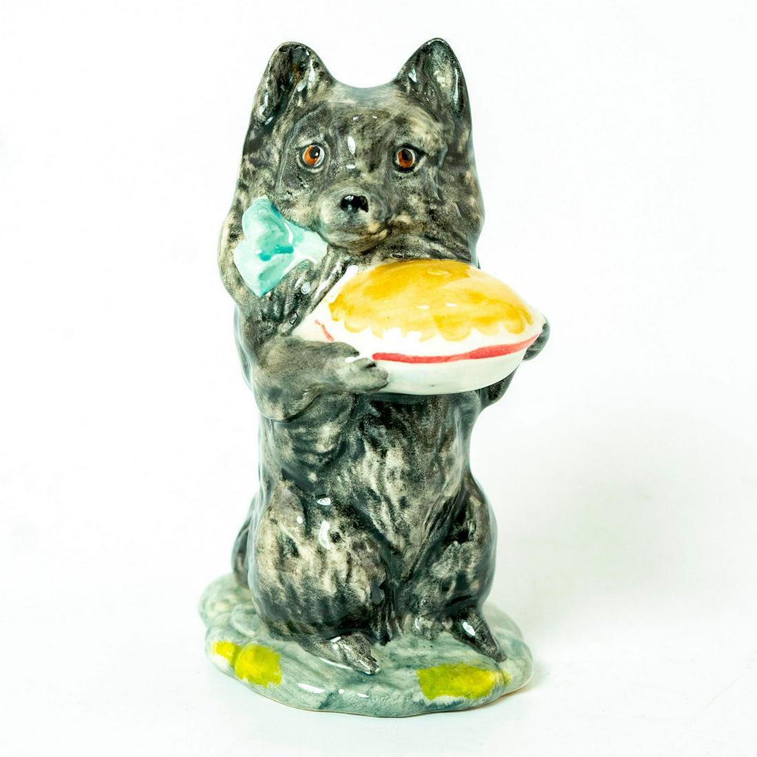 Duchess with Pie - Beswick - Beatrix Potter Figurine: Beswick Backstamp. Black dog, blue bow, light brown pie. Artist: Graham Tongue Issued: 1979 - 1982 Dimensions: 4''H Country of Origin: England Manufacturer: Beswick