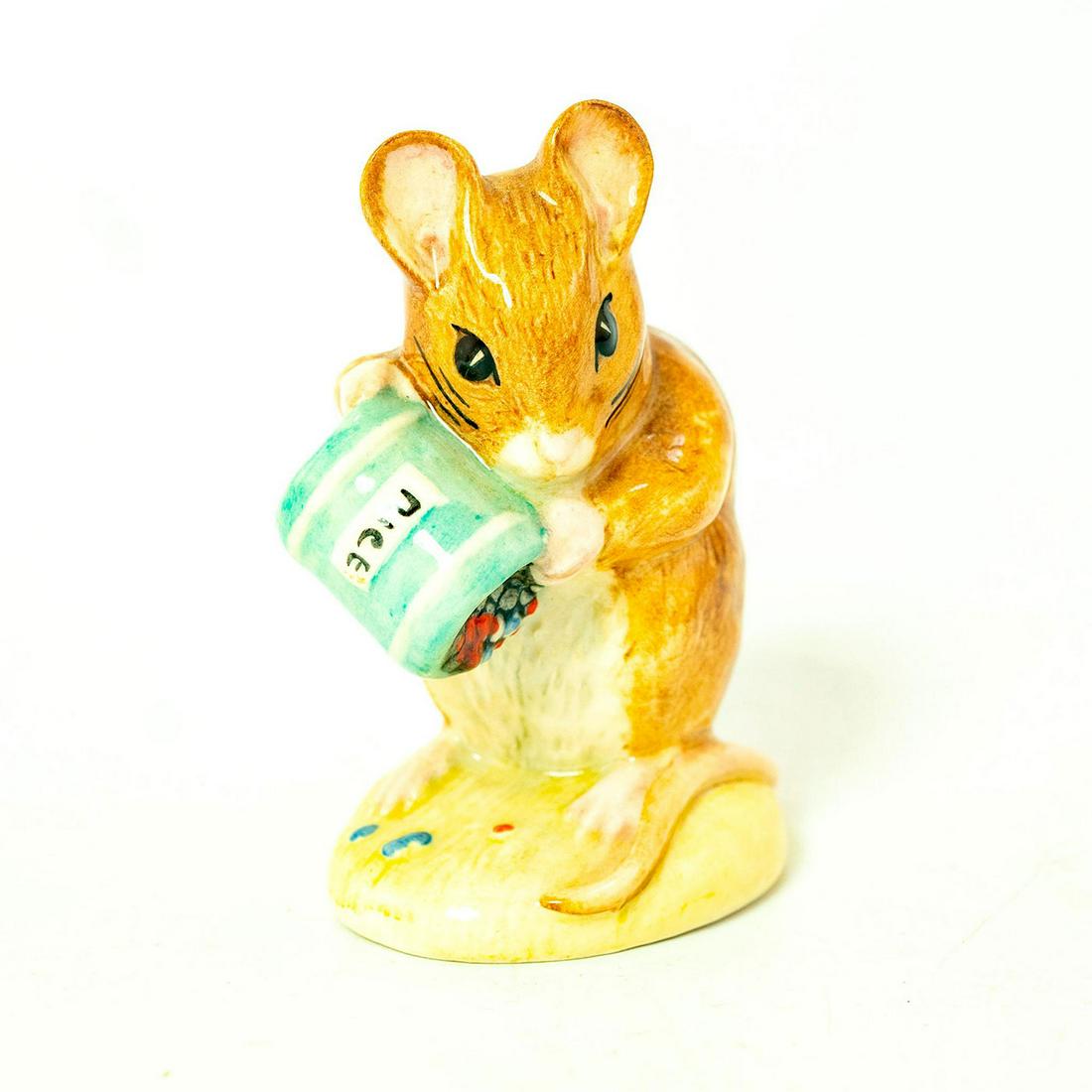 Hunca Munca Spills the Beads - Royal Albert - Beatrix: Royal Albert Backstamp. Brown mouse, blue and white rice jar. Artist: Martyn Alcock Issued: 1992 - 1996 Dimensions: 3.25''H Country of Origin: England Manufacturer: Beswick