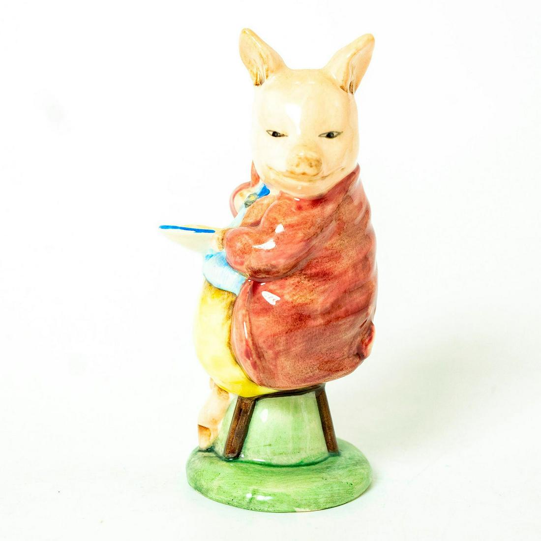 Pigling Eats Porridge - Royal Albert - Beatrix Potter: Royal Albert Backstamp. Brown coat, blue waistcoat and yellow trousers. Artist: Martyn Alcock Issued: 1991 - 1994 Dimensions: 4''H Country of Origin: England Manufacturer: Beswick