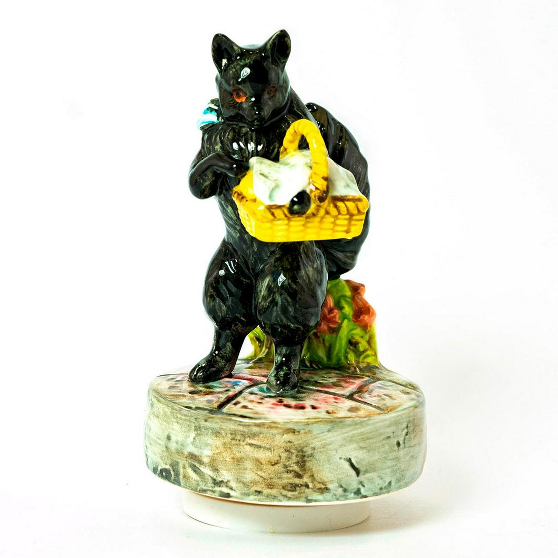 Schmid Music Box, Beatrix Potter, Duchess: Duchess stands upright with basket in hand atop rotating musical base. Schmid backstamp. Original manufacture's label. Inscription on side reading 'Beatrix Potter, Duchess'. Issued: 1980 Dimensions: 7