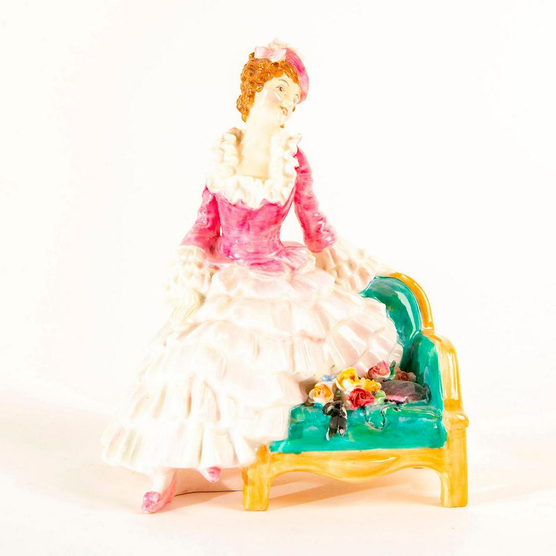 Sonia HN1692 - Royal Doulton Figurine: Harradine Classics; seated Victorian lady. Pink, white and green colorway. Marked, Potted by Doulton and Co. Doulton backstamp. Artist: Leslie Harradine Issued: 20th c. Dimensions: 6.25"H Manufacturer