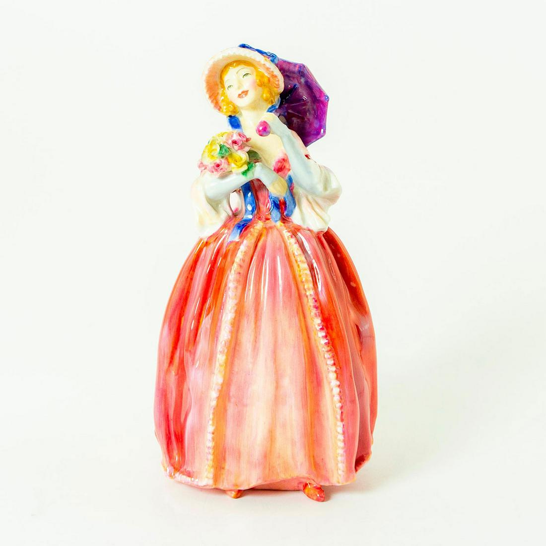 June HN1947 - Royal Doulton Figurine: Part of the Harradine Classics; pink and blue with purple umbrella. It is modeled as a young woman dressed in a colorful, elegant dress, wearing a spring bonnet and holding a parasol. Royal Doulton ba