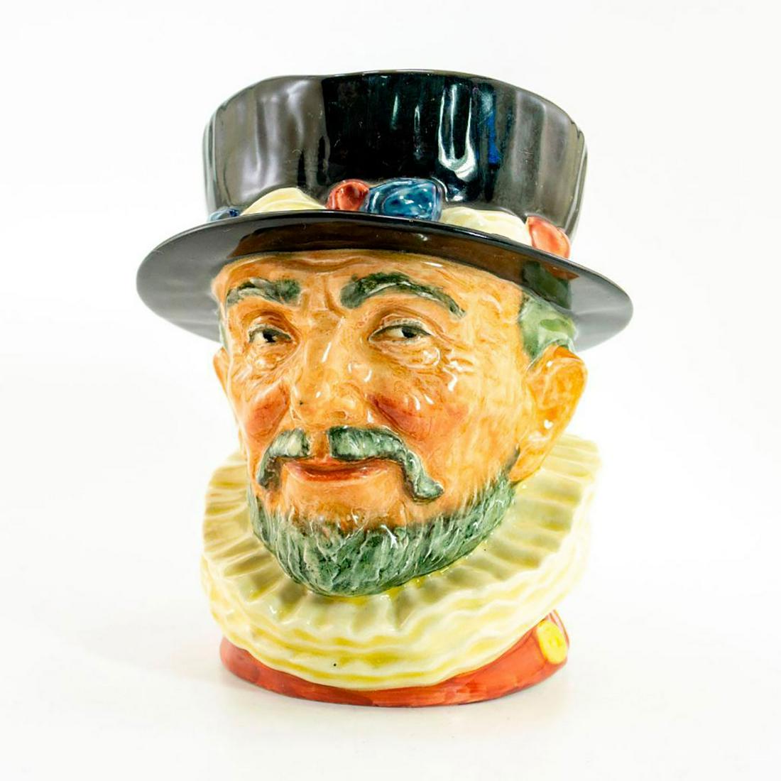 Royal Doulton Large Character Jug, Beefeater: Pink with yellow highlights; GR cypher to handle. Royal Doulton backstamp. Artist: Harry Fenton Issued: 1947 Dimensions: 6.5"H Manufacturer: Royal Doulton Country of Origin: England