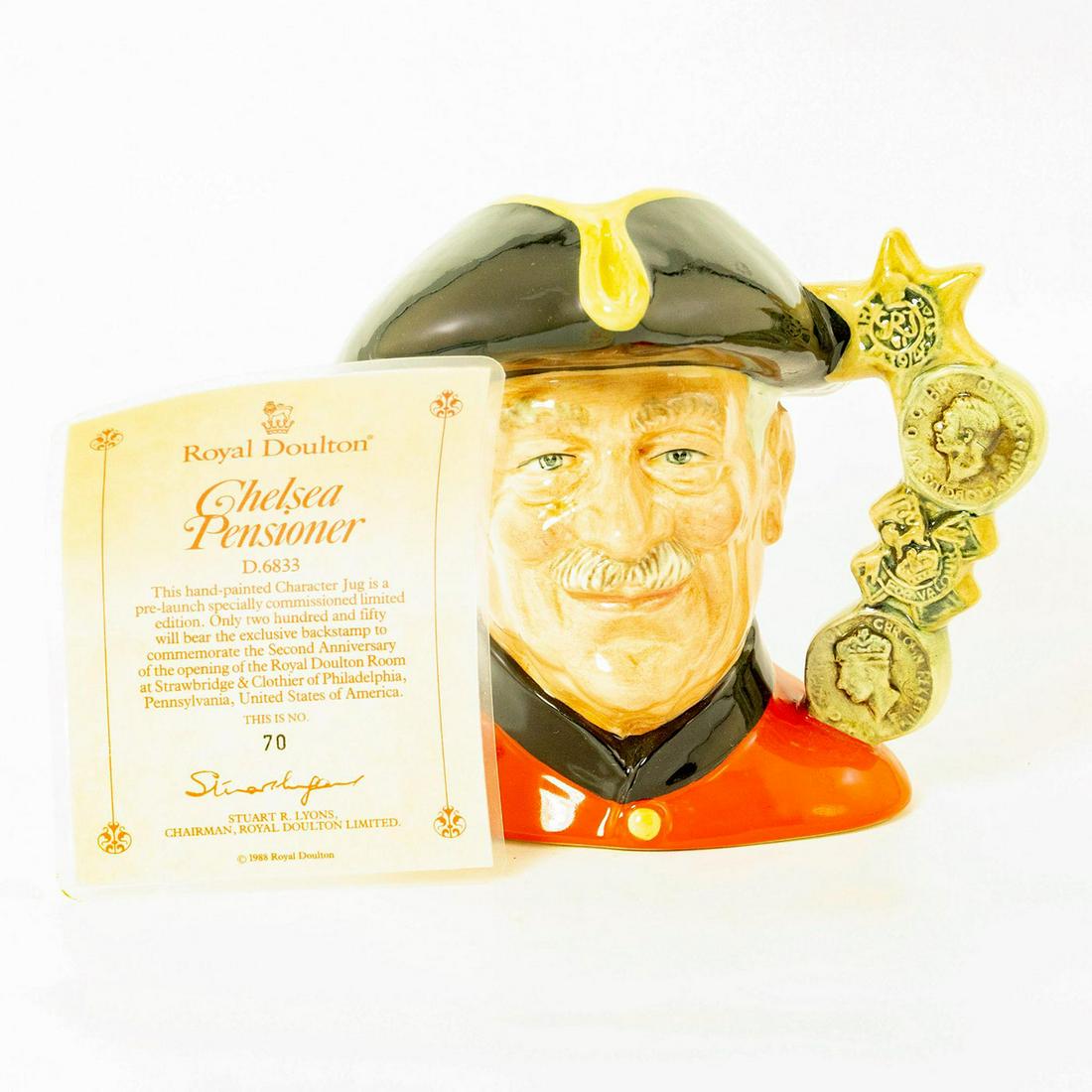 Chelsea Pensioner D6833 Strawbridge Backstamp - Large -: Commemorates the Second Anniversary of the opening of the Royal Doulton Strawbridge and Clothier in the United States. Issued in 1988 in a limited edition of 250. Artist: Stanley J. Taylor Issued: 198