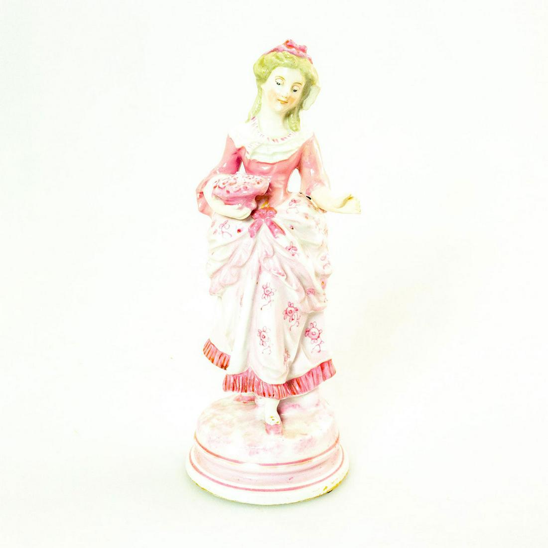 Vintage Porcelain Lady Figurine, Woman With Flowers: Pink and white coloration; painted floral design. Mounted on circular base. Unmarked. Broken scarf. Issued: 20th c. Dimensions: 8.25"H