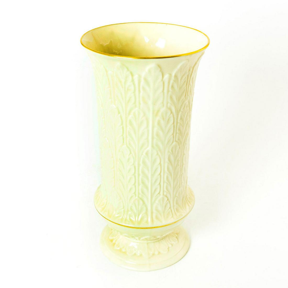 Lenox 24K Gold Trim Footed Vase, Autumn Leaf: Ivory colored porcelain trimmed with 24K gold and designed with foliage pattern in high-relief. Lenox backstamp in gold gilt. Marked Made In U.S.A and with original factory label marked Hand Decorated