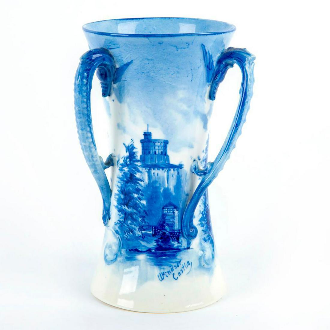 Rare English Pottery Tyg, Windsor Castle: Attributed to Doulton Burslem; unmarked. Blue and white; encircling scene of Windsor Castle. Titled on body. Hairline underglaze crack to base. Issued: 20th c. Dimensions: 6.75"H Country of Origin: En