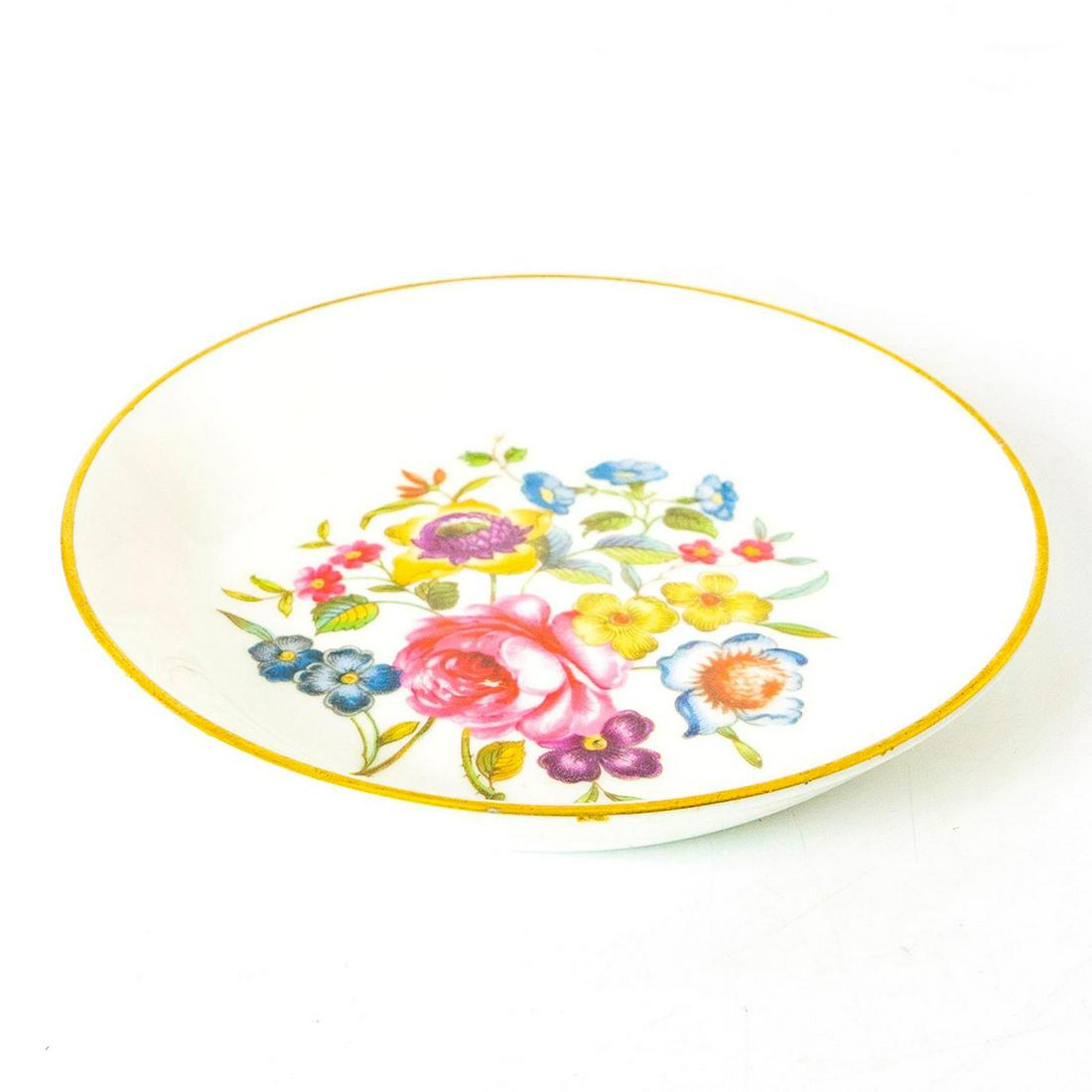 Vintage Royal Worcester Butter Pat Dish: Fine bone china circular dish; painted floral design; gilt rim. Royal Worcester backstamp. Issued: 20th c. Dimensions: 3.75" dia. Manufacturer: Royal Worcester Country of Origin: England