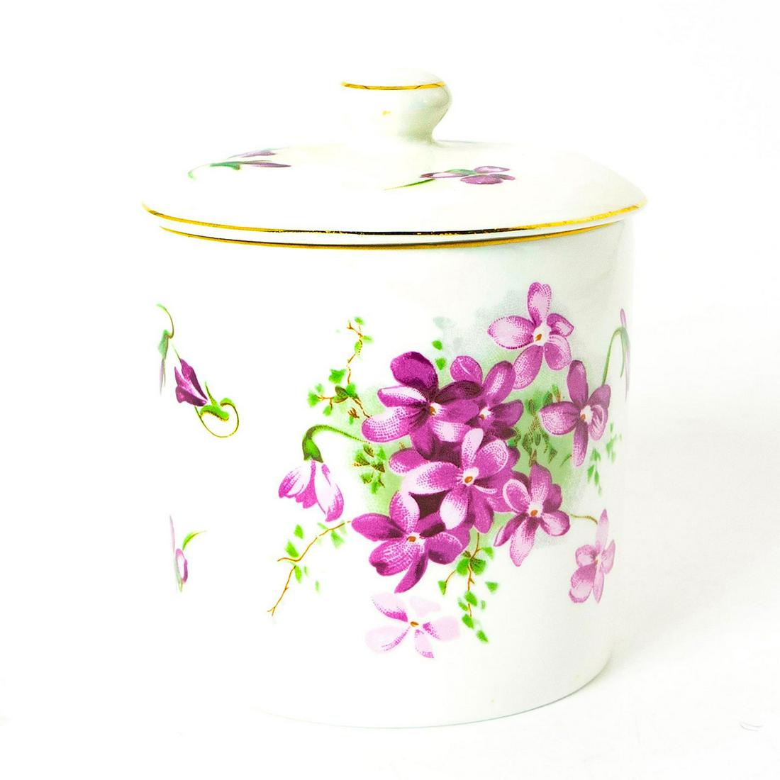 Royal Worcester Spode Hammersley Lidded Sugar Bowl: Victorian Violets pattern. Bone china; gilt rim. Royal Worcester backstamp. Issued: 20th c. Dimensions: 4.5"H Manufacturer: Royal Worcester Country of Origin: England