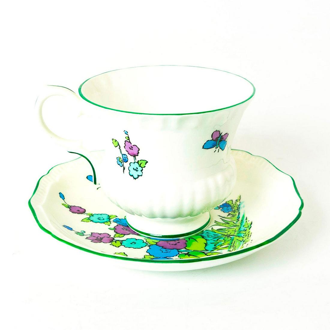 Crown Staffordshire Gainsborough Pattern Tea Cup And: Fine bone china; painted butterflies and floral pattern with green accents; ribbed design. Crown Staffordshire backstamp. Issued: 20th c. Dimensions: 2.75"H Manufacturer: Crown Staffordshire Country o