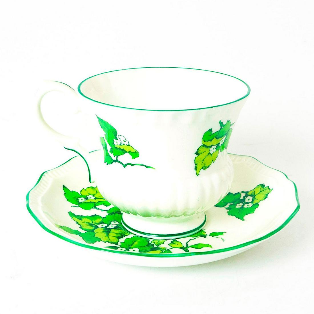 Crown Staffordshire Salisbury Pattern Tea Cup And: Fine bone china; painted leaves pattern with green accents; ribbed design. Crown Staffordshire backstamp. Issued: 20th c. Dimensions: 2.75"H Manufacturer: Crown Staffordshire Country of Origin: Englan