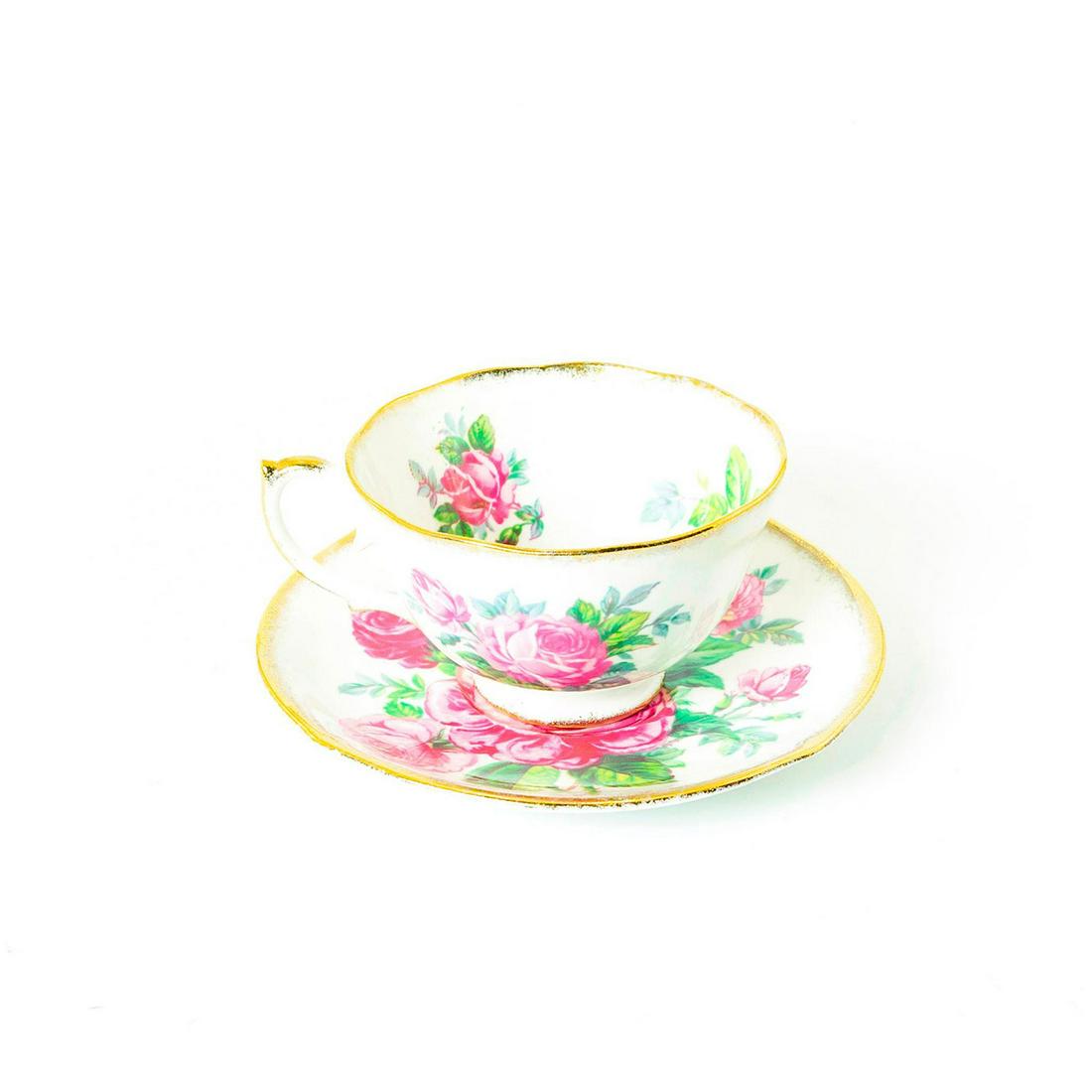 Roslyn Fine Bone China, Crimson Glory Tea Cup and: Brilliant white china, hand decorated with a beautiful cascade of flowers and gold brushed rim. Roslyn Fine Bone China backstamp. Tea Cup marked 45/79 on bottom base. Size 2.5"H. Plate size 5.75"D. Is