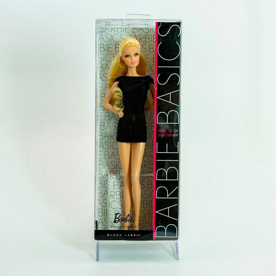 Mattel Barbie Basics Doll, Black Label No. 01: Collection 001, collectors keepsake blonde Barbie in a little black dress; with original box. SKU #R9913. Asst #R9912 Issued: c. 2009 Dimensions: 13"H Manufacturer: Mattel Country of Origin: Indonesia