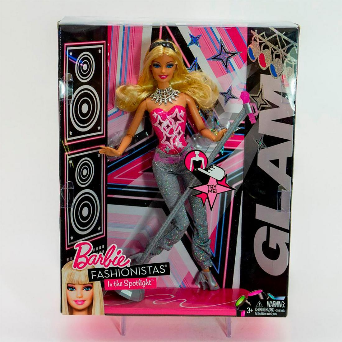 Mattel, Barbie Fashionistas; Glam, Sassy and Cutie: Glam, Sassy and Cutie Barbie dolls: Each with microphone and color coordinated outfit. All with original boxes. SKU #V9510 #V9513 #W1596 #W1597. #barbiefashionistas Issued: 2010 Dimensions: 12"H Manuf