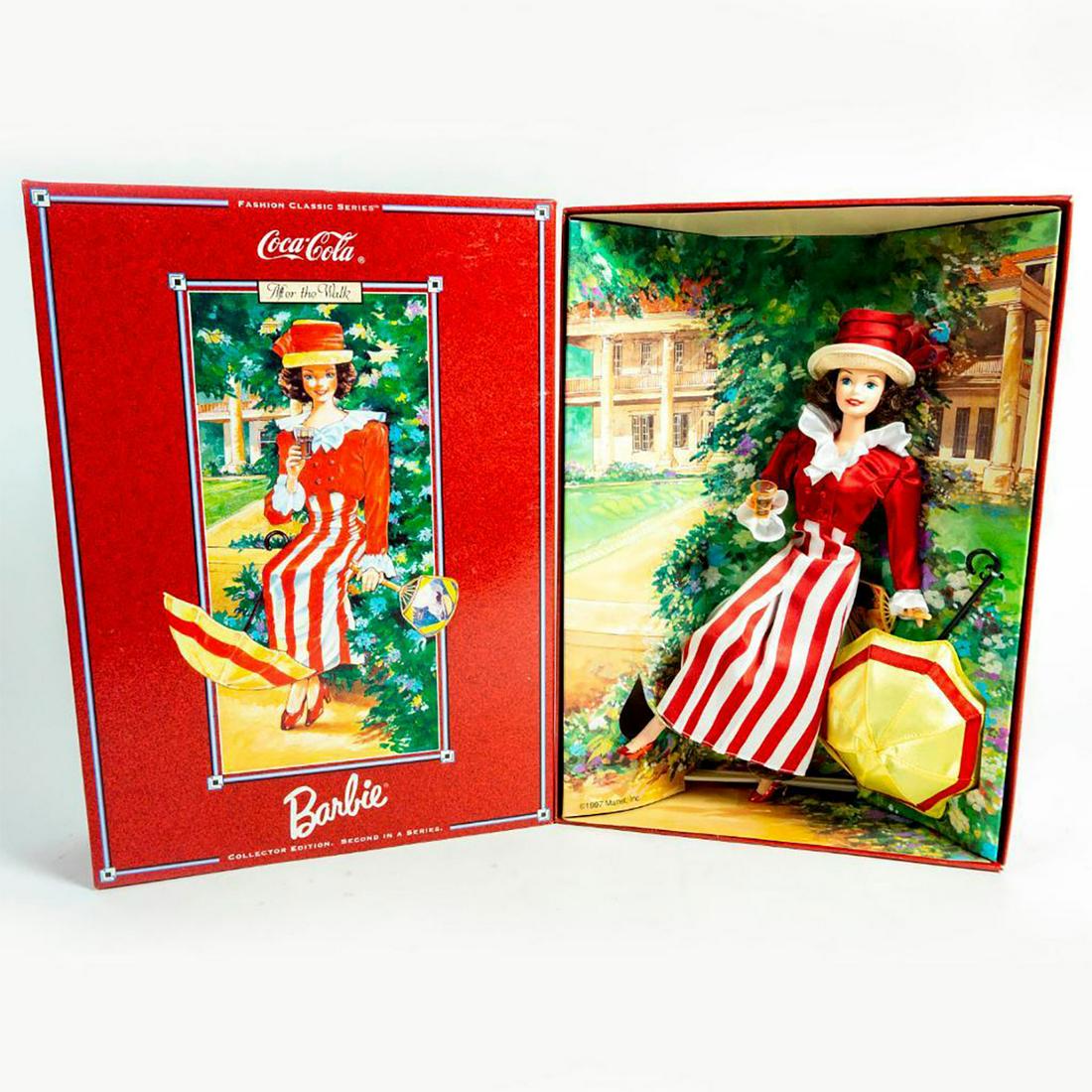 Mattel Barbie Doll, After The Walk: Coca Cola Fashion Classic Series. Second in series. Barbie holding Coca Cola glass replica. SKU #17341. Dressed in a red and white with straw cloth hat. Includes parasol. Housed in original box. Issue