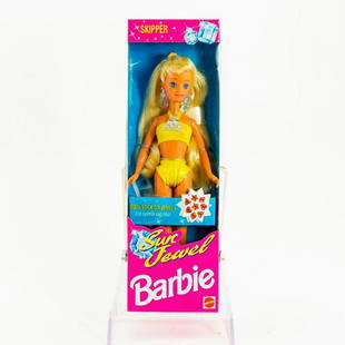 Mattel Skipper Doll, Sun Jewel: Skipper wears a bright yellow bikini with sparkling necklace and earrings. Includes sparkly red stickers.#barbie SKU #10955. Issued: 1993 Dimensions: 10.25"H Manufacturer: Mattel Country of Origin: Ma