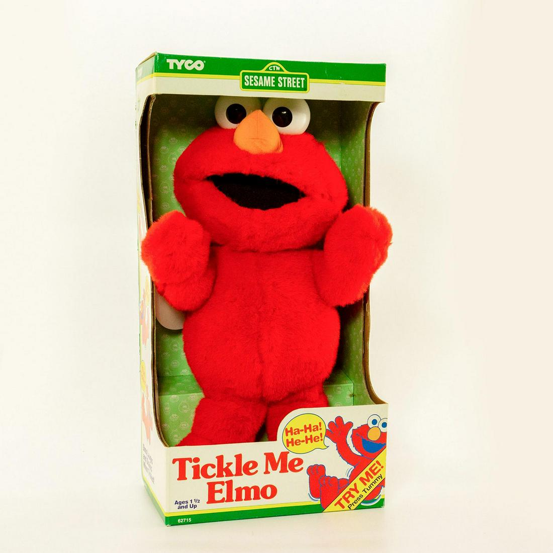 Tyco Toys Collectible Plush Doll, Tickle Me Elmo: Original Sesame Street Elmo toy; 100% polyester fiber. Housed in original box. Untested for sound. Issued: 1995 Dimensions: 14.75"H Manufacturer: Tyco Preschool Toys Inc Country of Origin: China