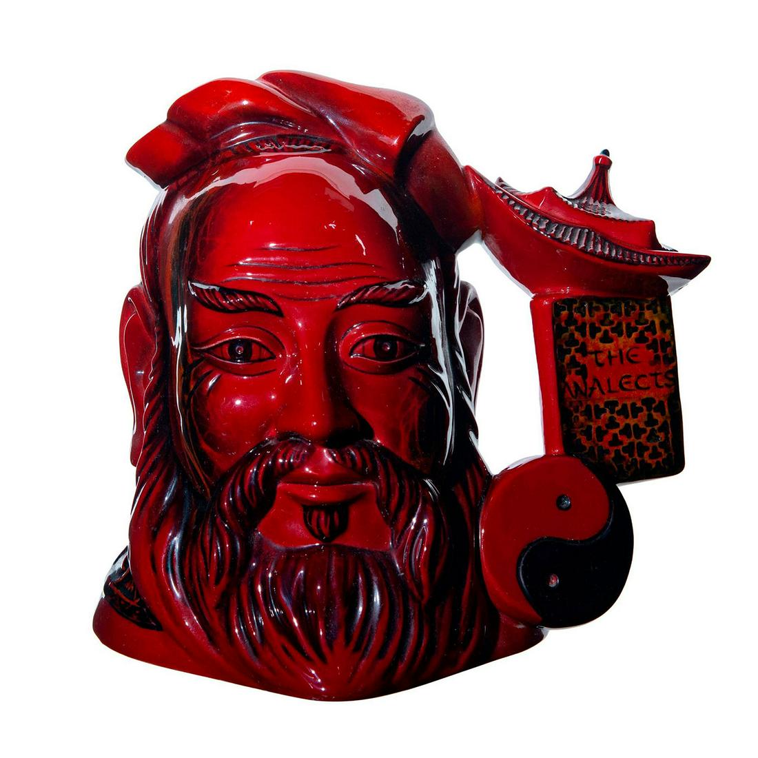 Confucius D7003 Flambe - Large - Royal Doulton: Hand made, hand decorated; deep, rich red flambe glaze. Limited edition 335 of 1750. Doulton backstamp. Includes Certificate of Authenticity. Minor scratch. Artist: Robert Tabbenor Issued: 1995 Dimens