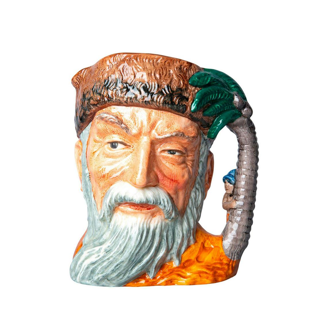 Robinson Crusoe D6532 - Large - Royal Doulton Character: Royal Doulton Character Jug, Robinson Crusoe (with footprint variation) D6532 (Long grey beard, yellow shirt. Brown and green coloration). Palm tree handle with young child peeking behind. Royal Doult