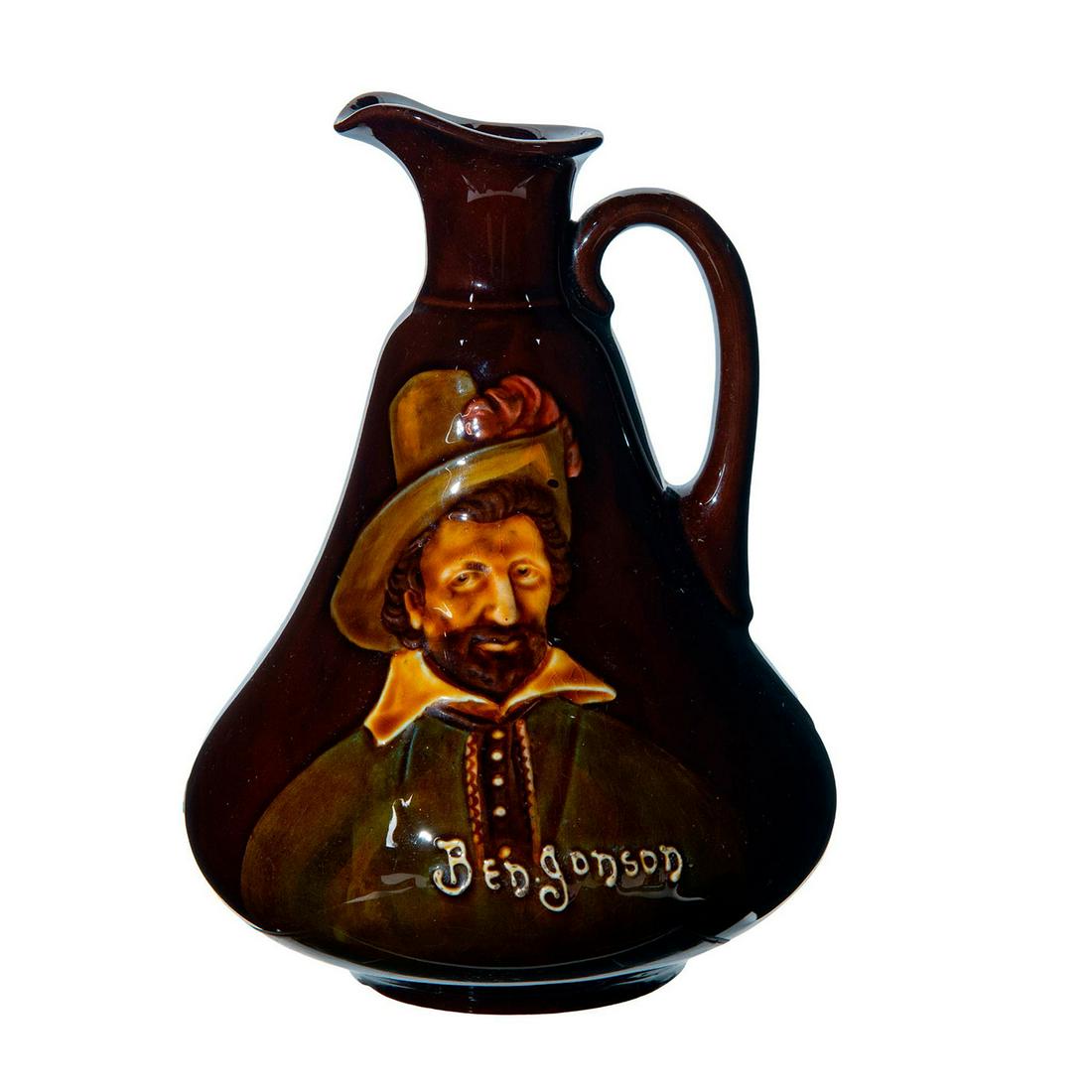 Royal Doulton Kingsware Flask, Ben Johnson: Dark brown glaze flask with portrait relief of front and Dewar's Scoth Whiskey on back. Royal Doulton backstamp. Age related crazing on bottom. Issued: 1909 Dimensions: 7"H Manufacturer: Royal Doulton
