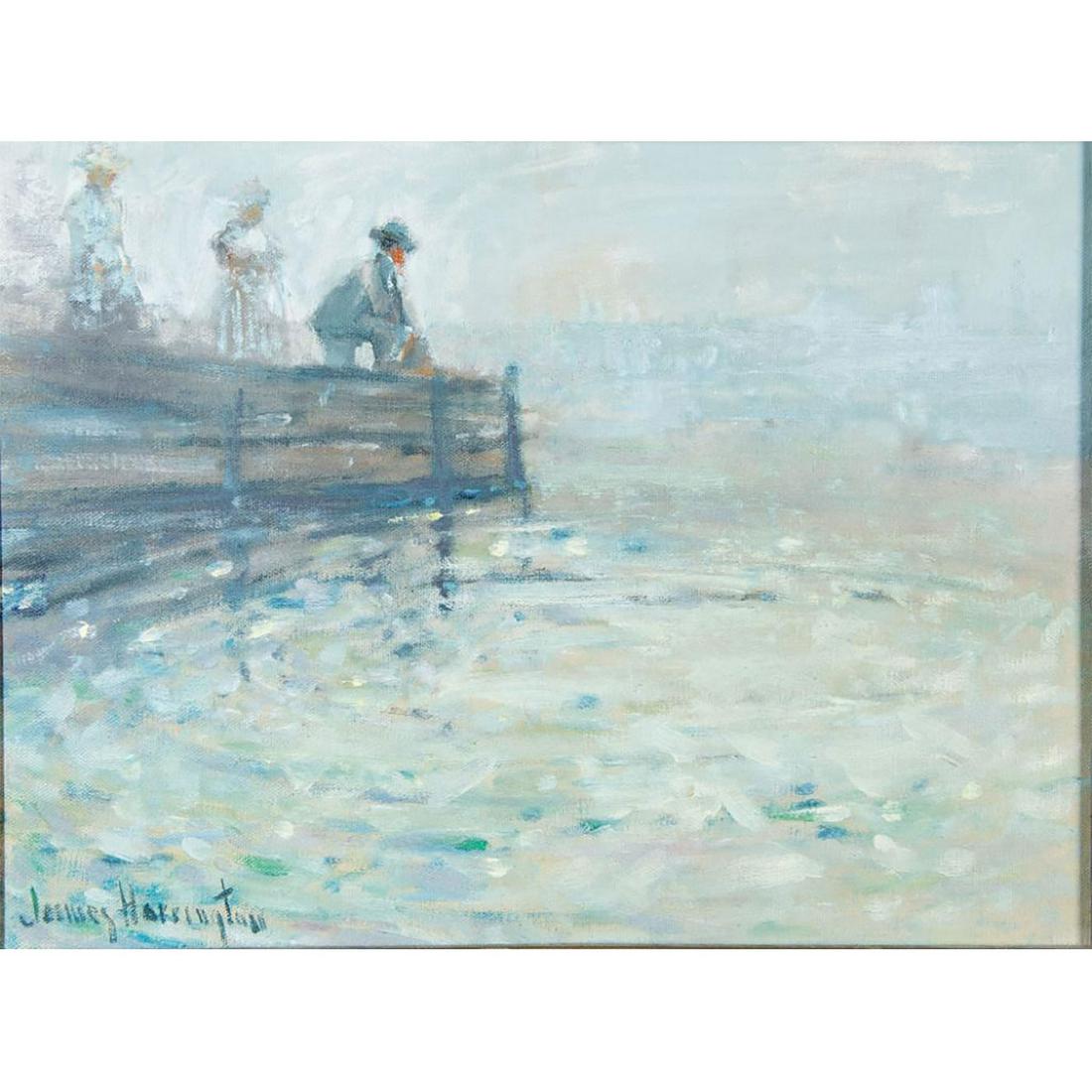 James Harrington (b. 1929), Framed Oil on Canvas,: Depicts three figures on a seaside bridge looking into the horizon. Signed. Artist signed front lower left. Encased in a gilded, with hints of white, wooden carved frame (21"H x 25"L). Canvas (12"H x 