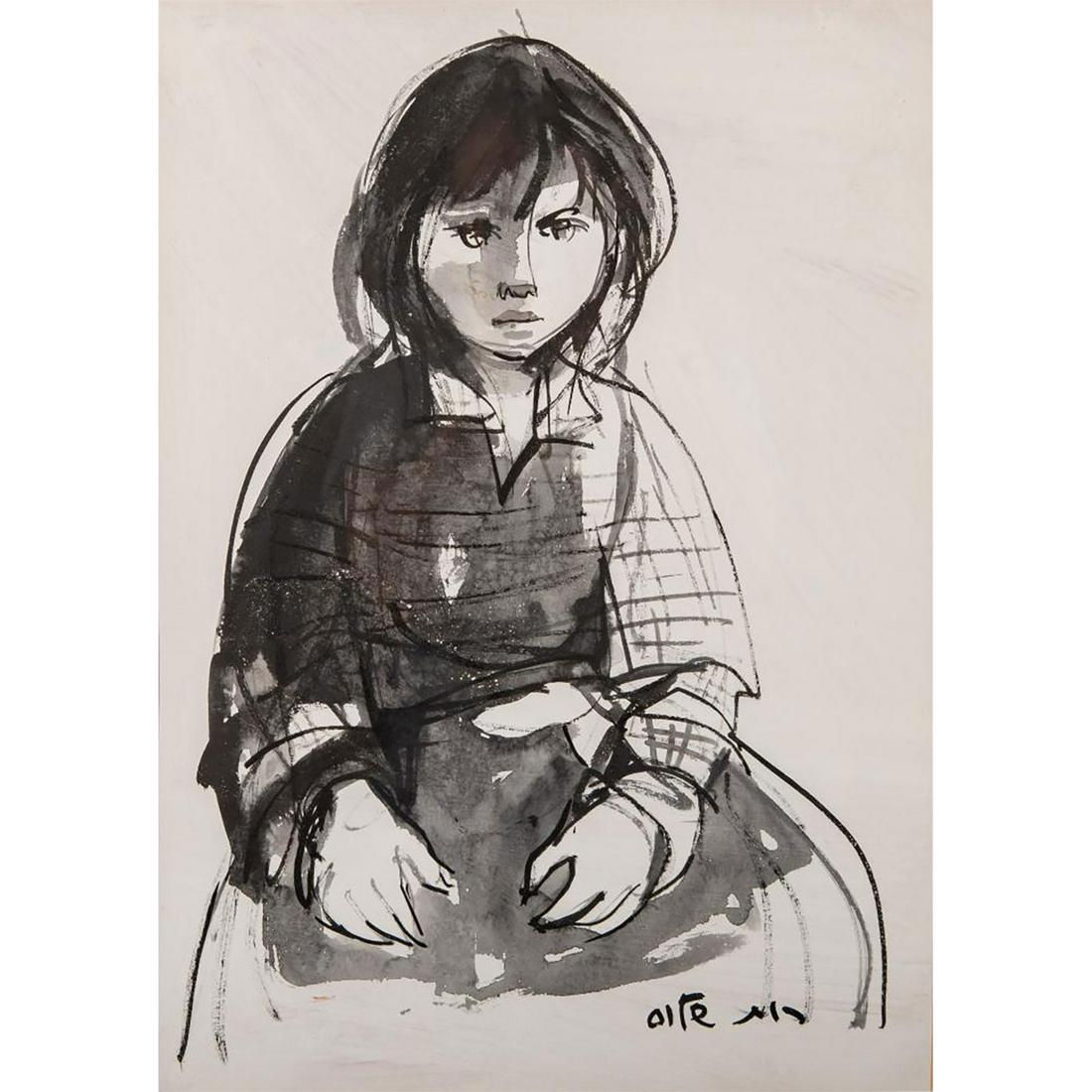 Ruth Schloss Gouache Painting, Seated Child, Framed (1 of 5)