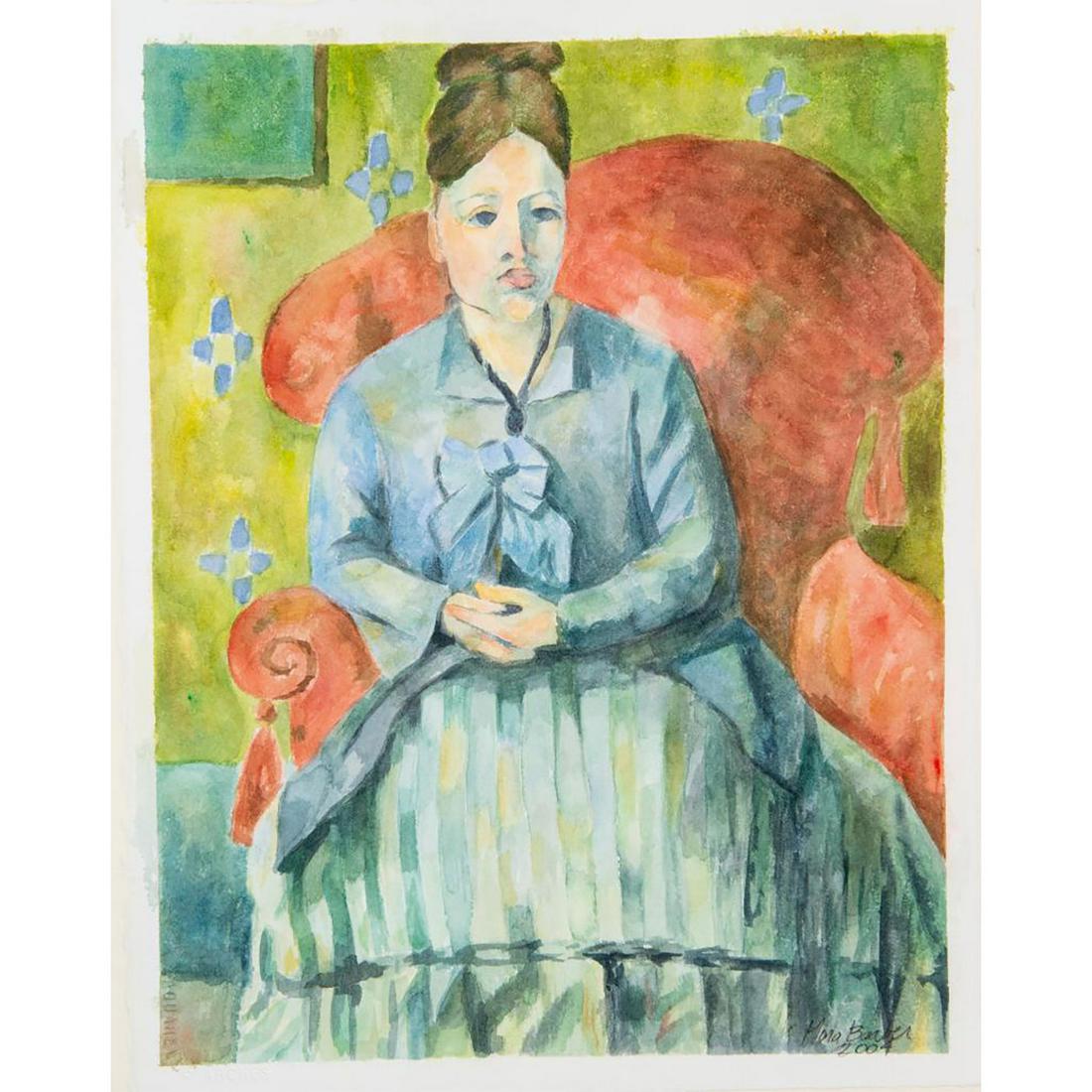 After Paul Cezanne, Framed Watercolor, Madame Cezanne: After French impressionist artist Paul Cezanne (1839-1906) titled Madame Cezanne in a Red Armchair. Artist signed Mora Barber 2004 front lower right corner. Encased in a gilded wooden frame (23.5"H x