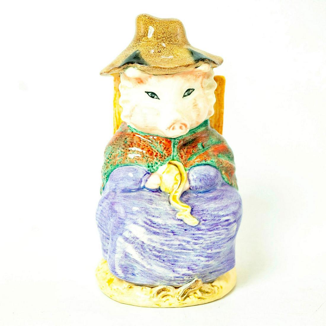 And This Pig Had None - Royal Albert - Beatrix Potter: Royal Albert Backstamp. Mauve dress, mottled burgundy and green shawl, brown hat. Artist: Martyn Alcock Issued: 1992 - 1998 Dimensions: 4''H Manufacturer: Beswick Country of Origin: England