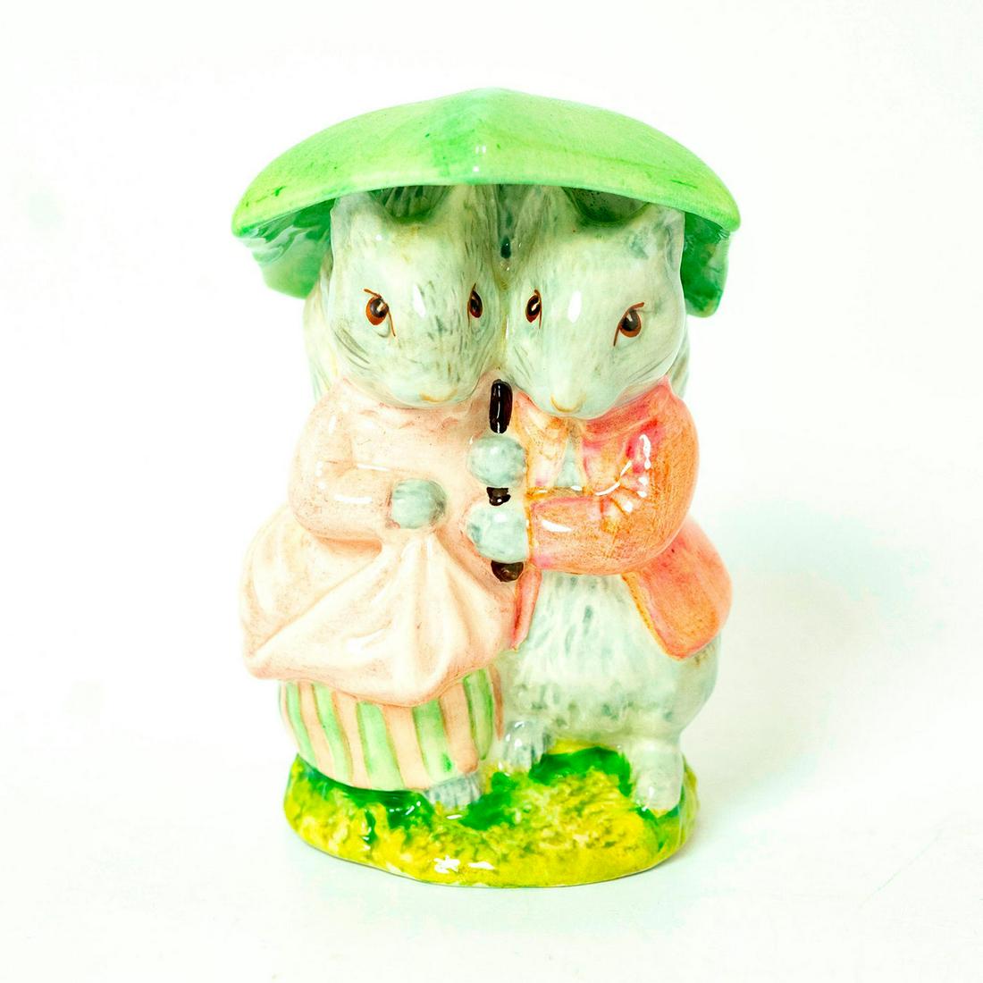 Goody and Timmy Tiptoes - Royal Albert - Beatrix Potter: Royal Albert Backstamp. Timmy: rose coat, Goody: pink overdress with green and beige underskirt, green umbrella. Artist: David Lyttleton Issued: 1986 - 1996 Dimensions: 4''H Manufacturer: Beswick Coun