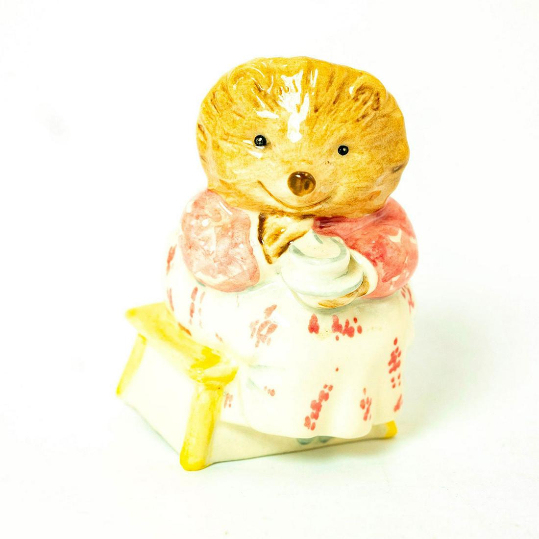 Mrs. Tiggy Winkle Takes Tea - Royal Albert - Beatrix: Royal Albert Backstamp. Pink and white dress, white and brown mob cap. Artist: David Lyttleton Issued: 1985 - 2002 Dimensions: 3.25''H Manufacturer: Royal Albert Country of Origin: England