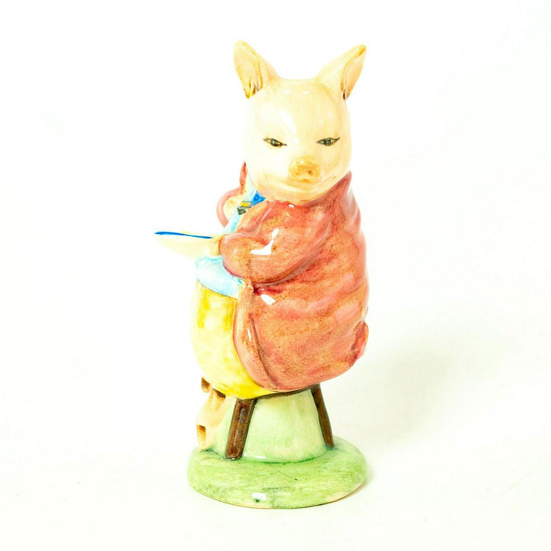 Pigling Eats Porridge - Royal Albert - Beatrix Potter: Royal Albert Backstamp. Brown coat, blue waistcoat and yellow trousers. Artist: Martyn Alcock Issued: 1991 - 1994 Dimensions: 4''H Manufacturer: Beswick Country of Origin: England