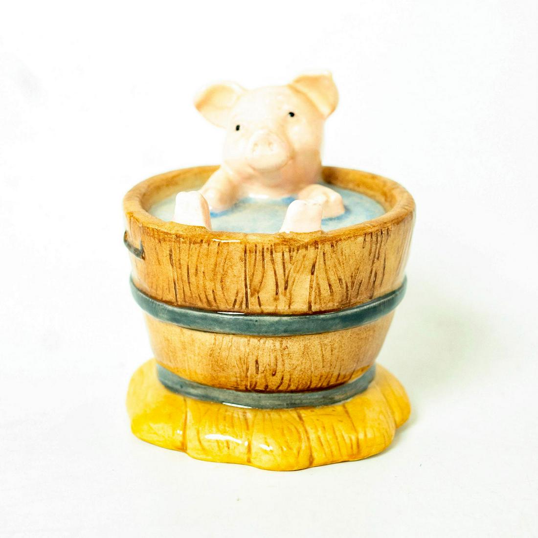 Yock Yock in the Tub - Beatrix Potter Figurine: New Beswick Backstamp. Pink pig, brown tub. Artist: Warren Platt Issued: 2000 Dimensions: 3''H Manufacturer: Beswick Country of Origin: England